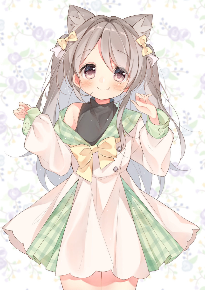 1girl, animal_ear_fluff, animal_ears, bare_shoulders, black_shirt, blush, bow, brown_eyes