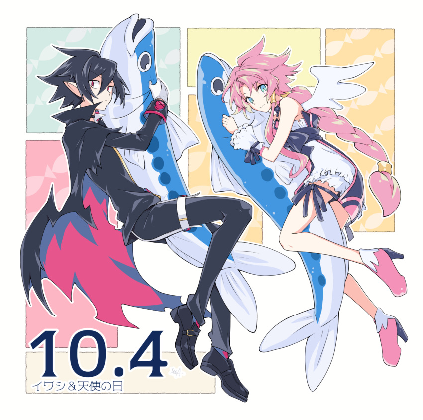 1boy, 1girl, angel, angel_wings, artina_(disgaea), black_hair, blue_eyes, cape