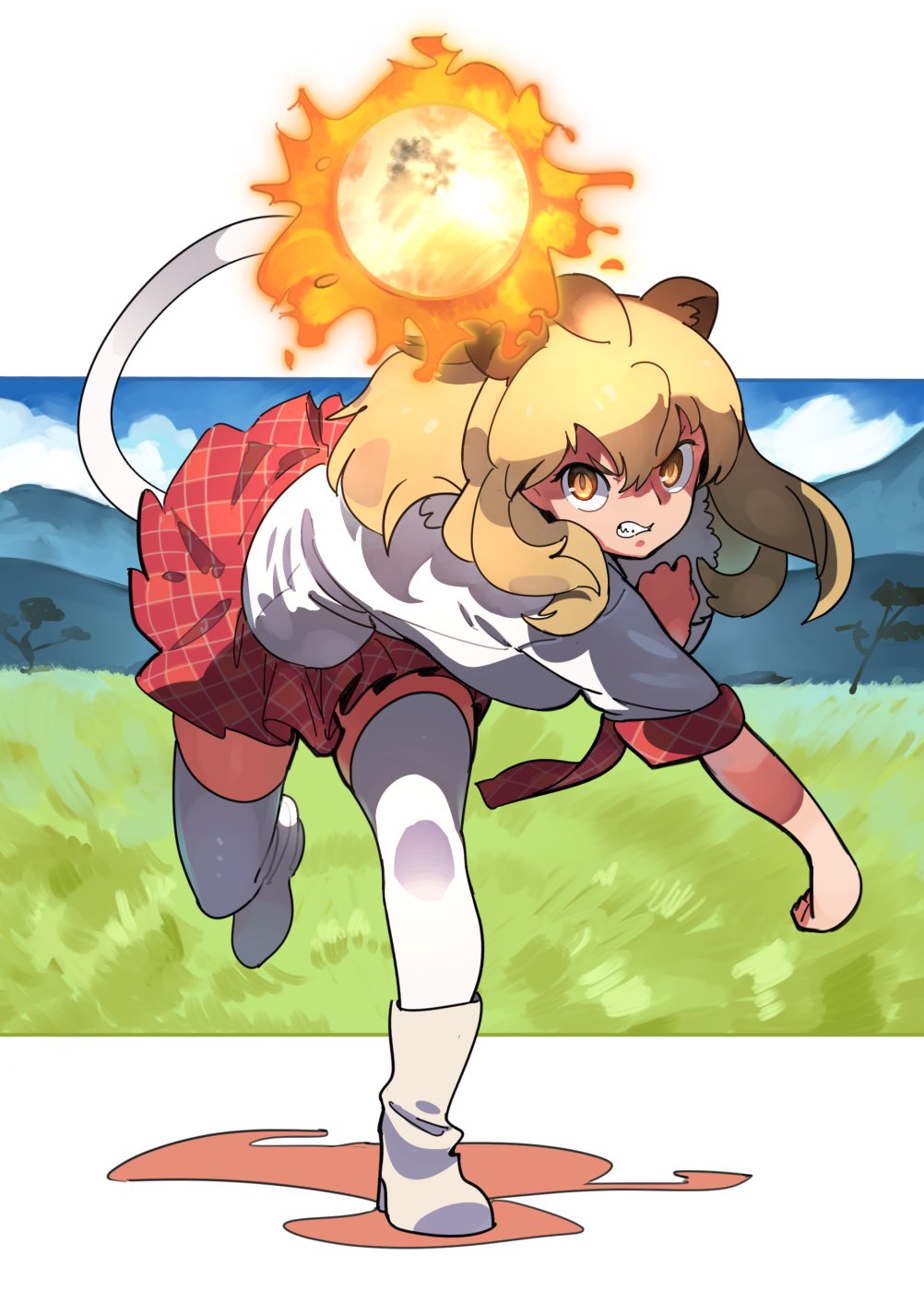 1girl, animal_ears, baseball, blonde_hair, boots, fireball, grasslands, highres