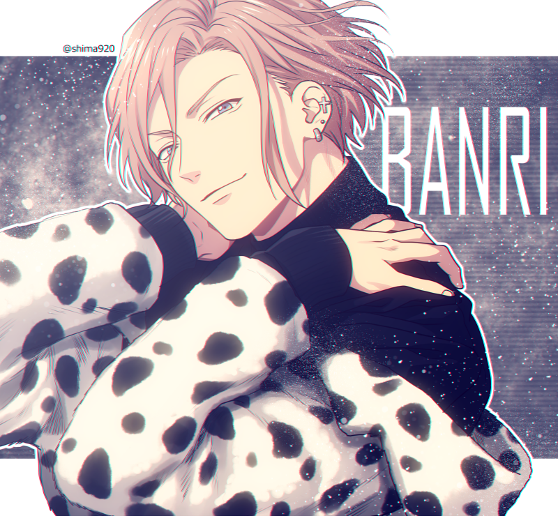 1boy, a3!, blue_eyes, brown_hair, character_name, closed_mouth, clothing_request, commentary_request