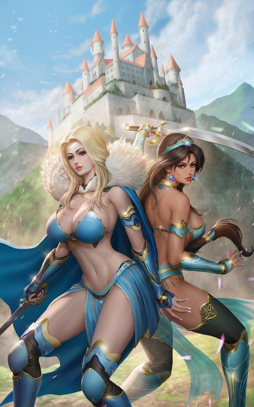 2girls, absurdres, aladdin_(disney), artstation_sample, back-to-back, bangs, bikini, bikini_top