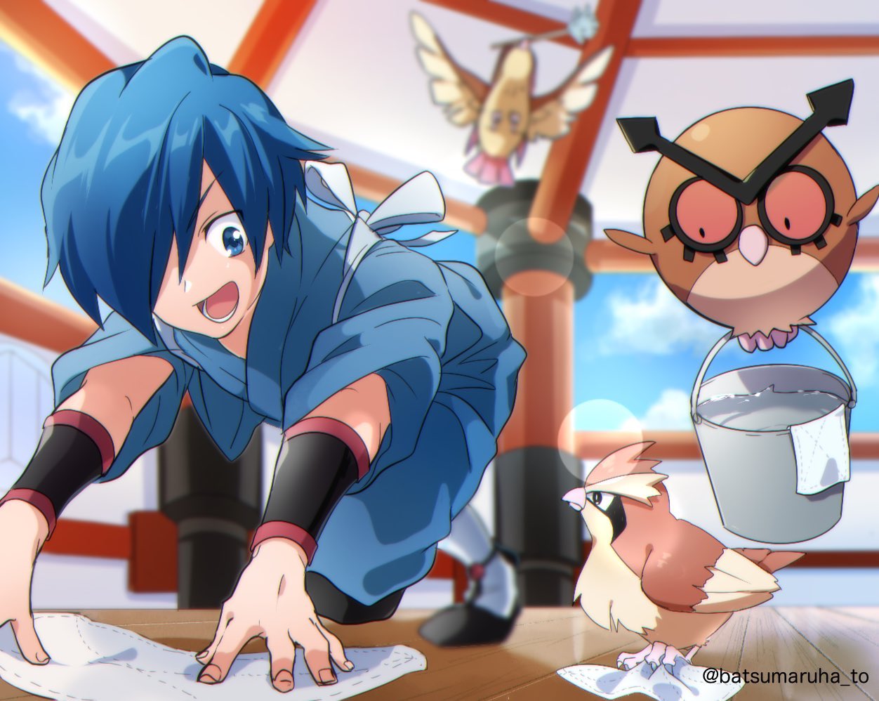 1boy, ao_(batsumaruha_to), artist_name, bird, blue_eyes, blue_hair, blurry, blurry_background