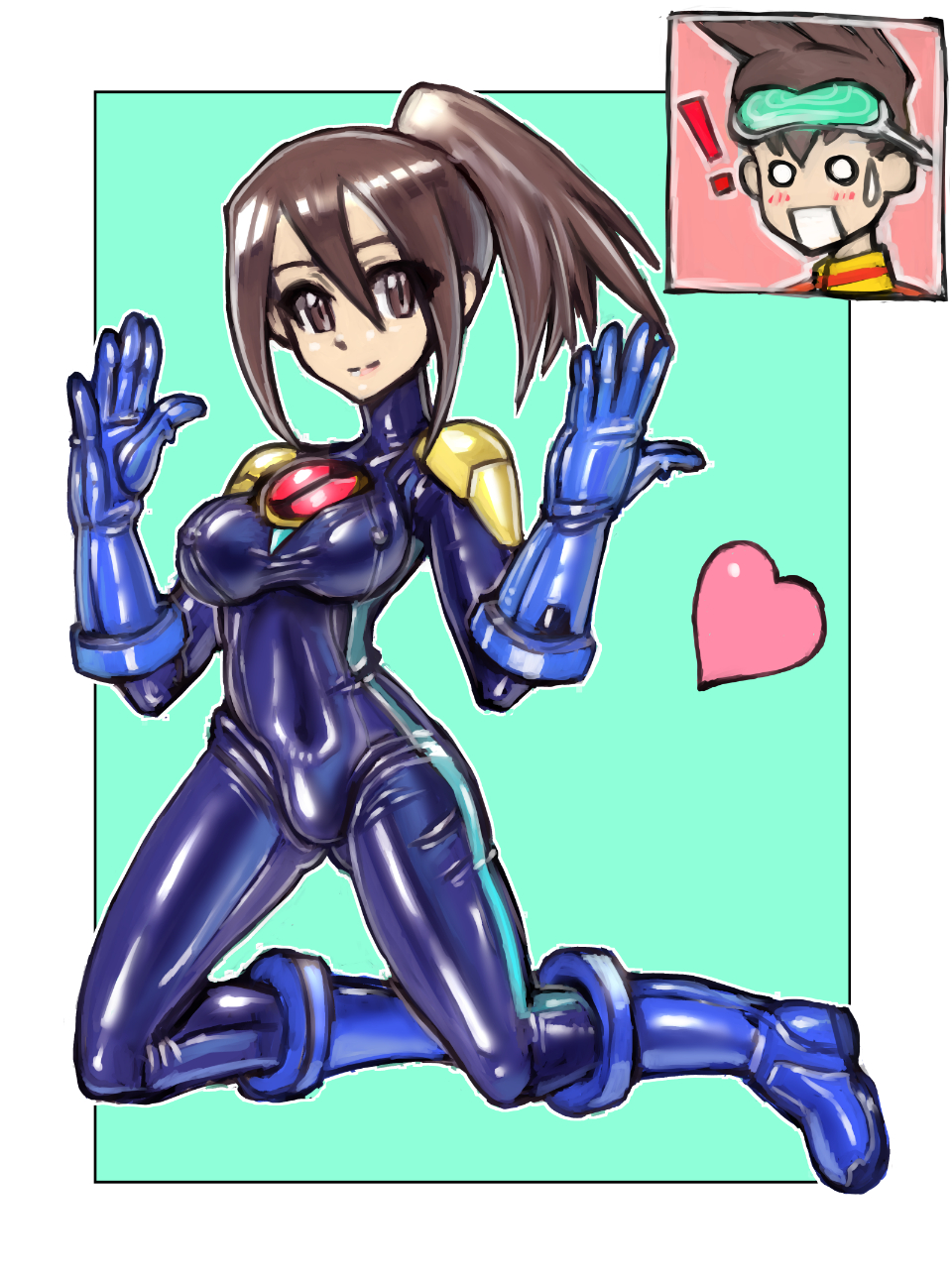 !, 1boy, 1girl, blush, bodysuit, breasts, brown_eyes, brown_hair