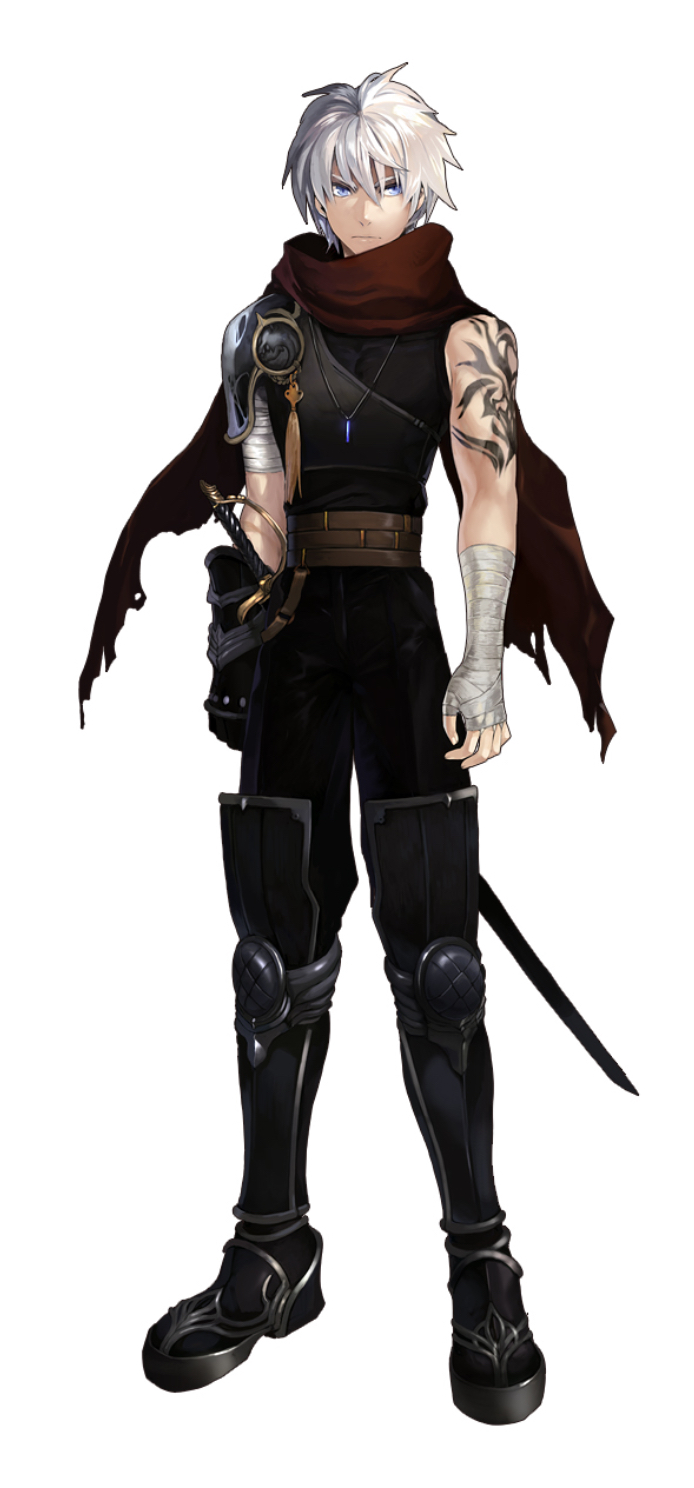 1boy, absurdres, bandaged_hand, bandages, black_outfit, blue_eyes, boots, closed_mouth, gauntlet, highres, inotia_4:_assassin_of_berkel, kiyan_(inotia), looking_at_viewer, official_art, pendant, scarf, serious, short_hair, sword, tattoo, warrior, white_hair