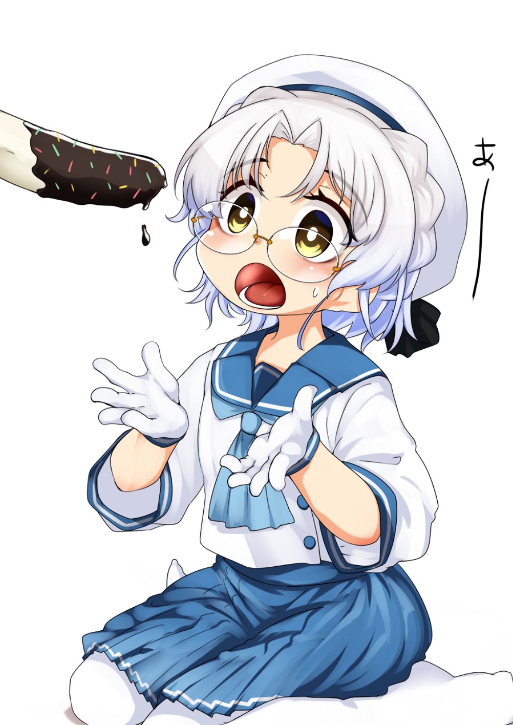 1girl, aqua_neckwear, banana, bangs, blue_skirt, blush, chocolate_banana, food, fruit, glasses, gloves, hair_ribbon, hat, highres, hirato_(kantai_collection), kantai_collection, nassukun, open_mouth, ribbon, sailor_collar, sailor_hat, school_uniform, serafuku, sexually_suggestive, short_hair, simple_background, sitting, skirt, solo, sweat, thigh-highs, white_background, white_gloves, white_hair, white_legwear, yellow_eyes