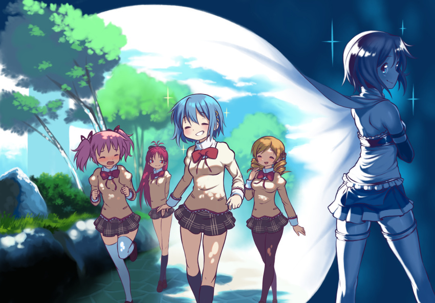 4girls, ^_^, arms_at_sides, arms_behind_back, back, backlighting, bare_shoulders, black_legwear