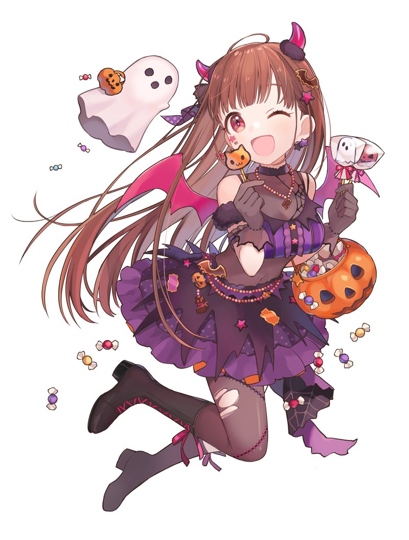 1girl, ;d, arm_cuffs, bat_hair_ornament, bat_wings, black_footwear, black_gloves, boots