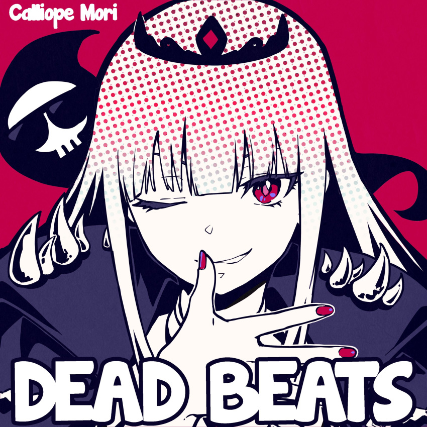 1girl, ;), album_cover, character_name, close-up, cover, english_text, face, flat_color, highres, hololive, hololive_english, limited_palette, long_hair, looking_at_viewer, mascot, mori_calliope, ninomae_ina'nis_(artist), one_eye_closed, portrait, red_background, red_eyes, red_nails, screentones, shoulder_spikes, simple_background, smile, smirk, solo, spikes, spot_color, sunglasses, tiara, virtual_youtuber