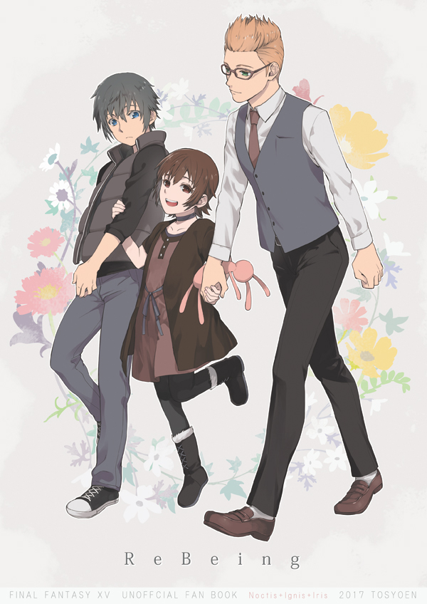 1girl, 2boys, black_hair, blonde_hair, blue_eyes, boots, brown_dress, brown_eyes, brown_hair, child, choker, dress, final_fantasy, final_fantasy_xv, glasses, holding_hands, ignis_scientia, iris_amicitia, looking_at_another, multiple_boys, necktie, noctis_lucis_caelum, open_mouth, short_hair, smile, spiky_hair, stuffed_animal, stuffed_bunny, stuffed_toy, tosyoen, vest, younger