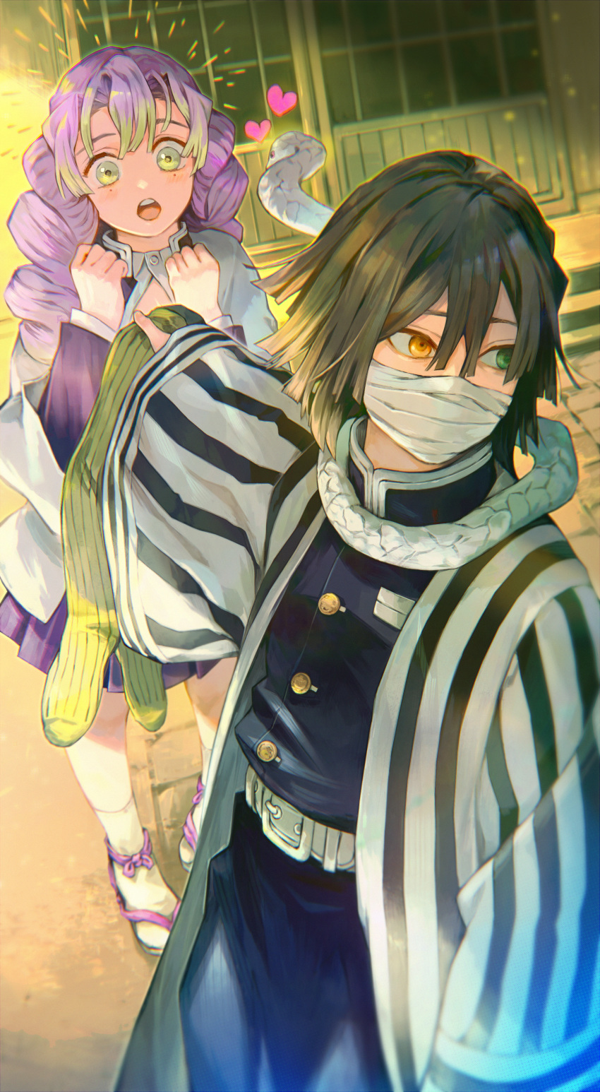 1boy, 1girl, absurdres, bandage_on_face, bangs, belt, black_hair, braid
