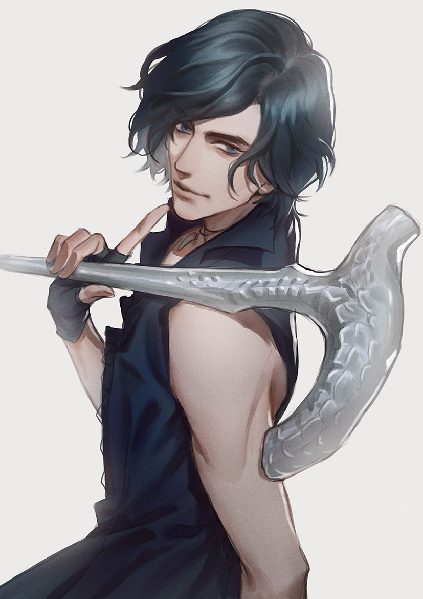 1boy, bare_shoulders, black_gloves, black_hair, blue_eyes, cane, closed_fan, devil_may_cry