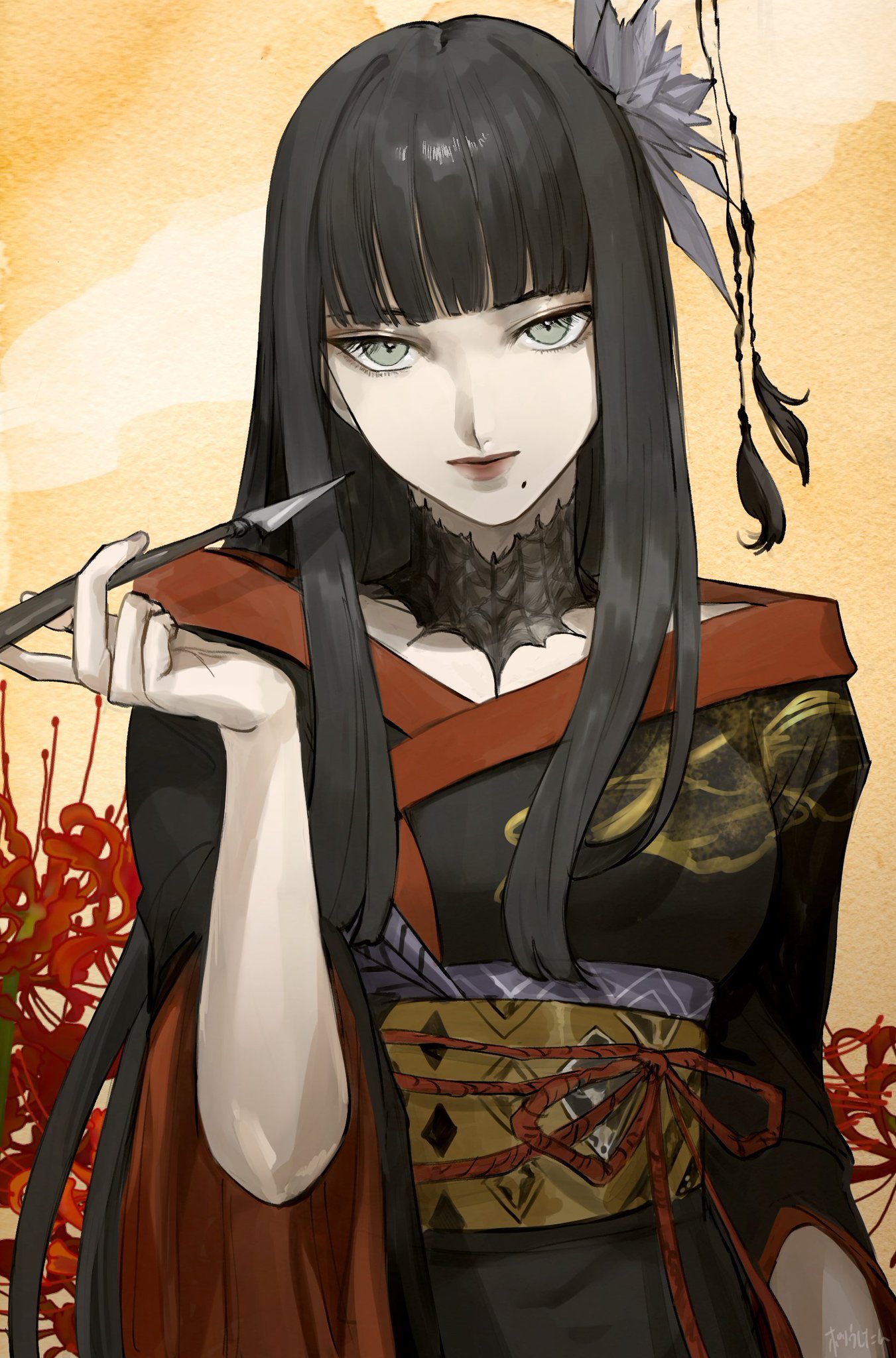 1girl, black_hair, final_fantasy, final_fantasy_xiv, flower, grey_eyes, hair_flower, hair_ornament, highres, hime_cut, japanese_clothes, kimono, kiseru, lipstick, long_hair, looking_at_viewer, makeup, merirunnrunn, mole, mole_under_mouth, pipe, red_lipstick, sash, solo, yotsuyu_(ff14)