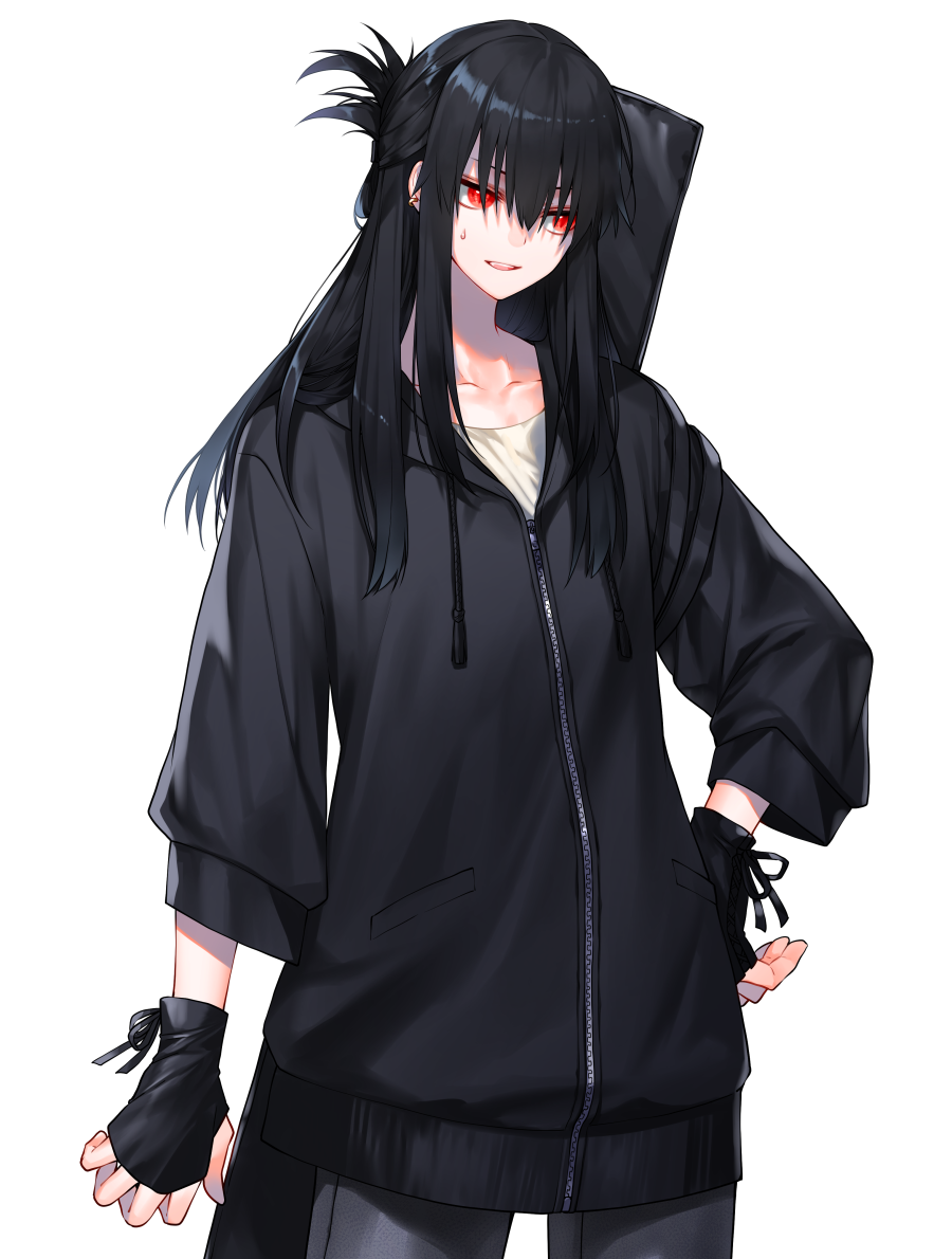 1boy, arm_at_side, bangs, black_gloves, black_hair, black_jacket, collarbone, commentary_request