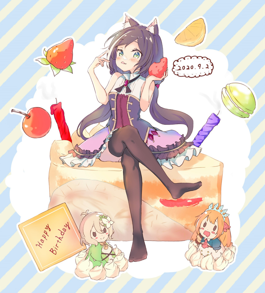 1girl, absurdres, animal_ear_fluff, animal_ears, blue_hair, cake, candle, cat_ears, cat_girl, character_doll, cherry, chibi, chocomoch, commentary, cream, cream_on_face, crossed_legs, dated, dress, eating, eyebrows_visible_through_hair, food, food_on_face, fruit, green_eyes, happy_birthday, highres, karyl_(princess_connect!), kokkoro_(princess_connect!), low_twintails, macaron, multicolored_hair, no_detached_sleeves, orange, orange_slice, pecorine_(princess_connect!), princess_connect!, princess_connect!_re:dive, strawberry, streaked_hair, thigh-highs, tongue, tongue_out, twintails, whipped_cream, white_hair