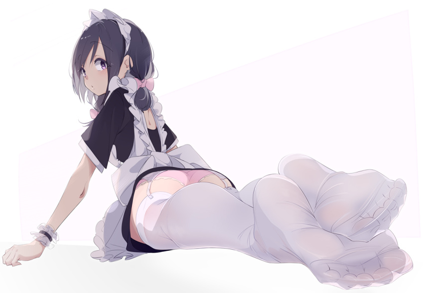1girl, apron, ass, bow, feet, garter_belt, hair_bow, long_hair