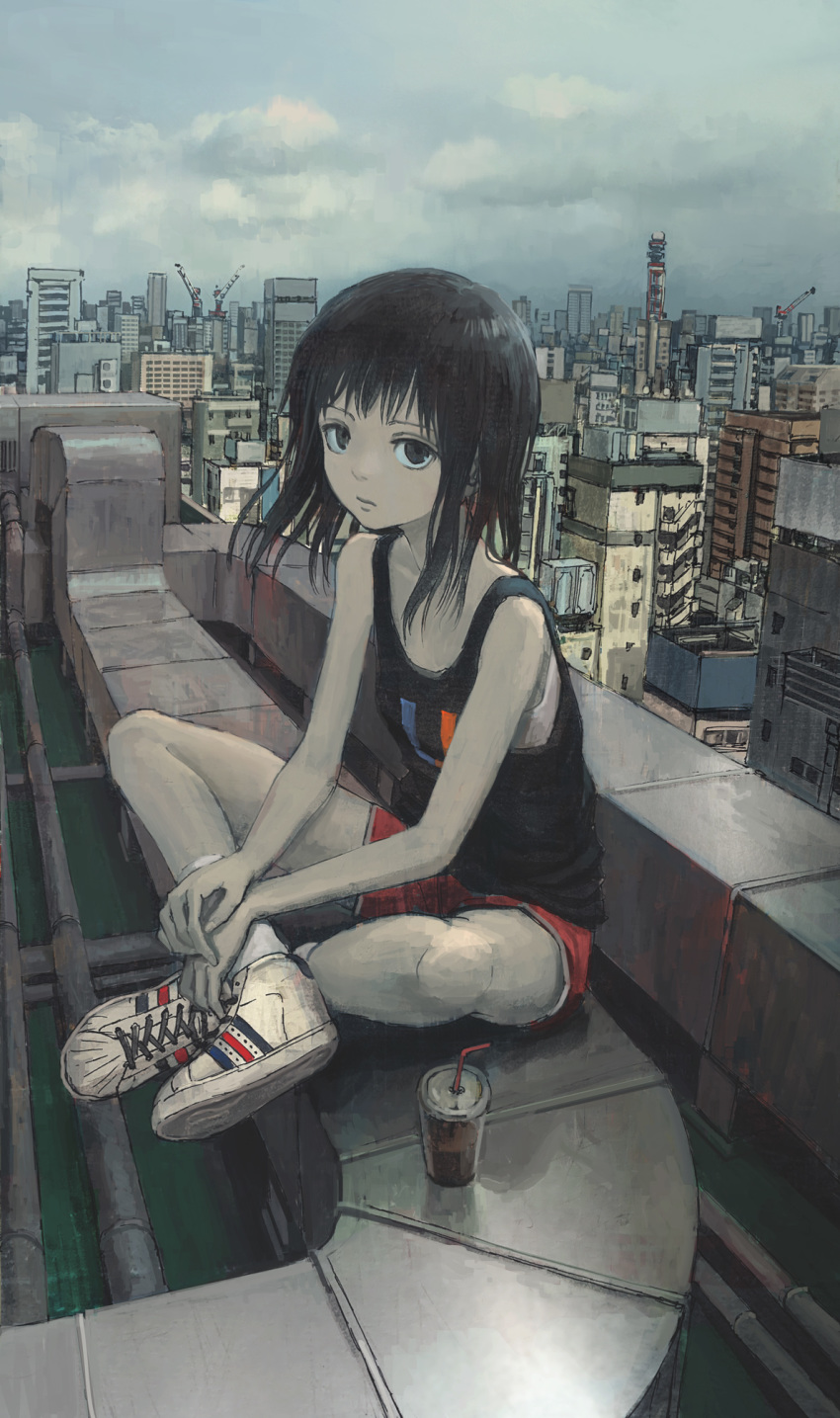 1girl, black_eyes, black_hair, cityscape, commentary, cup, day, disposable_cup