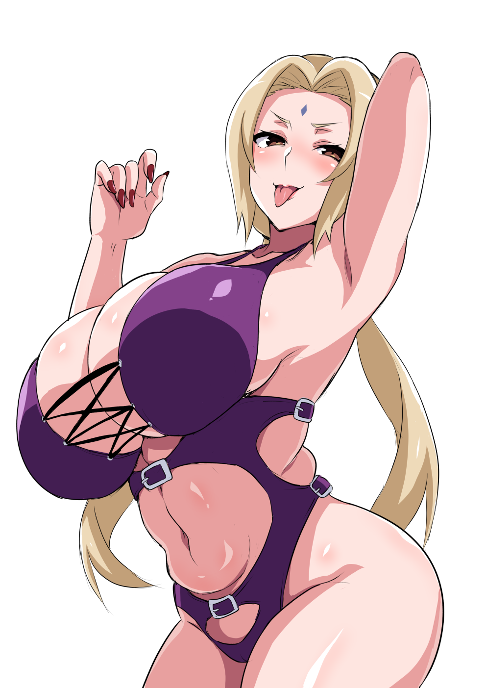 1girl, alternate_costume, arm_up, armpits, belly, blonde_hair, blush, bondage_outfit