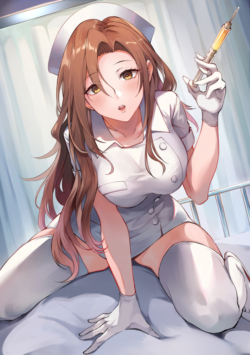 1girl, bangs, blush, breasts, brown_hair, devildogs, dress, gloves, hat, highres, holding, holding_syringe, large_breasts, leaning_forward, long_hair, looking_at_viewer, nurse, nurse_cap, on_bed, open_mouth, original, sitting, solo, syringe, thigh-highs, thighs, wariza, white_footwear, white_gloves, white_legwear, yellow_eyes