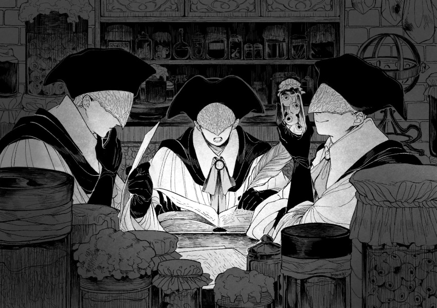 1girl, 2others, bloodborne, book, cloak, covered_eyes, eyes, gloves