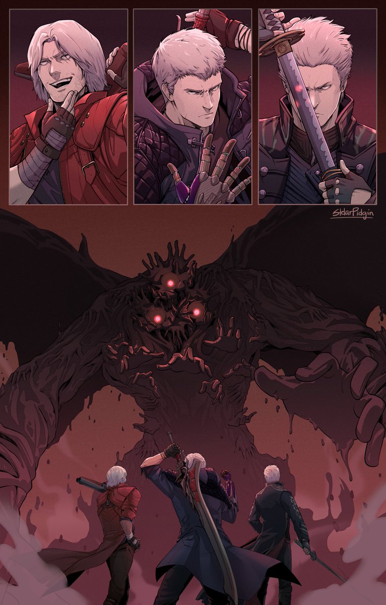 3boys, blue_coat, blue_hoodie, coat, commentary, dante_(devil_may_cry), devil_may_cry, devil_may_cry_(series)