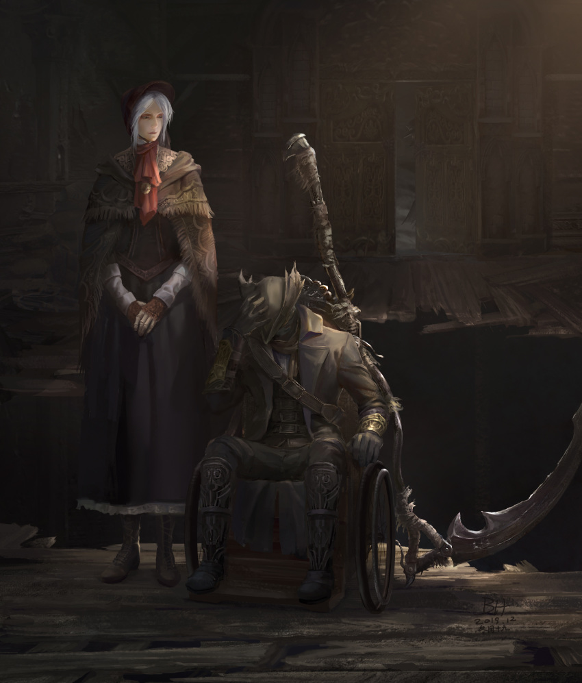 1girl, 2boys, absurdres, bangs, belt, bhcybertron, blonde_hair, bloodborne, bonnet, boots, cloak, coat, doll_joints, dress, gehrman_the_first_hunter, gloves, hat, highres, hunter_(bloodborne), jewelry, joints, mask, mouth_mask, multiple_boys, plain_doll, scarf, scythe, short_hair, sitting, smile, souls_(from_software), tricorne, weapon, wheelchair, white_hair