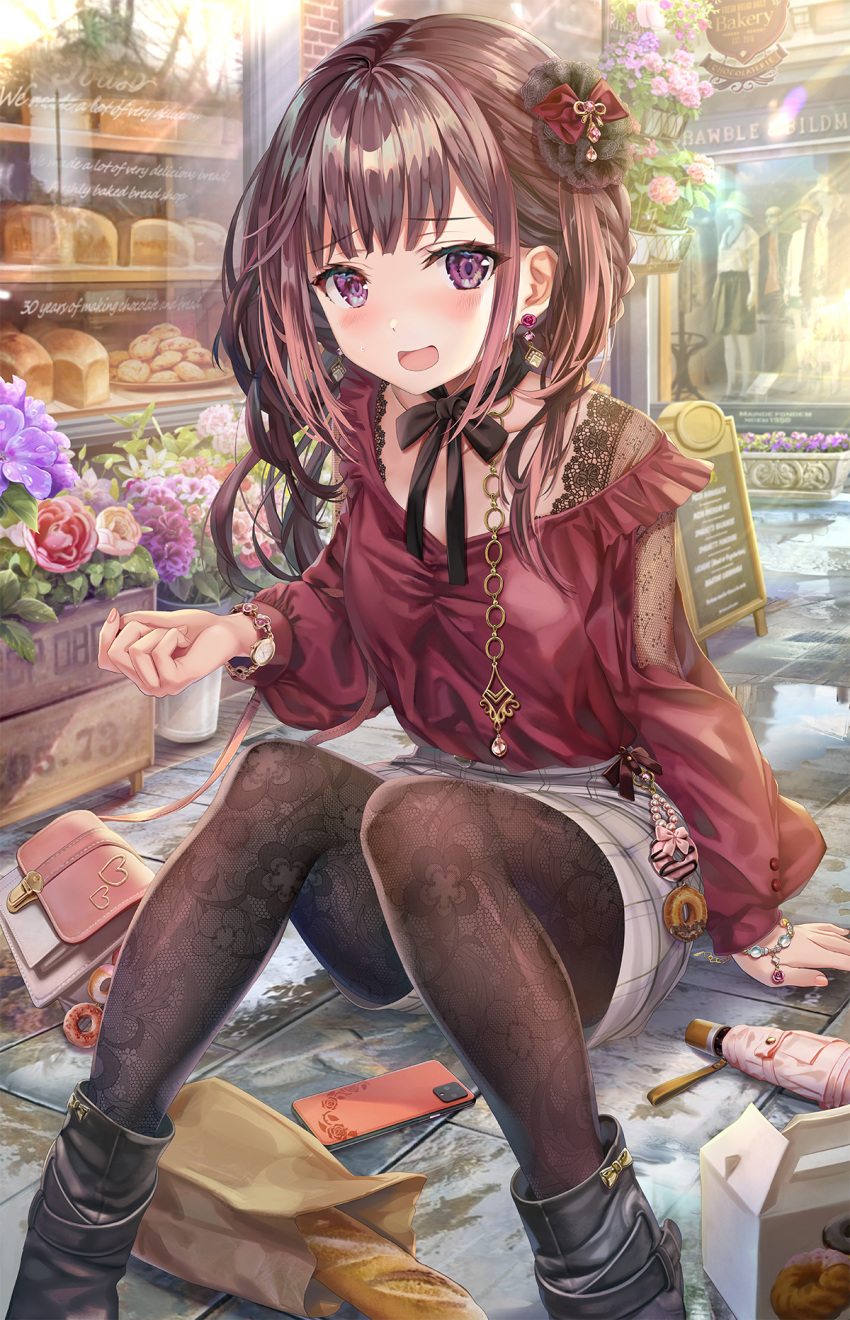 1girl, bag, baguette, bangs, black_footwear, blush, boots, bread