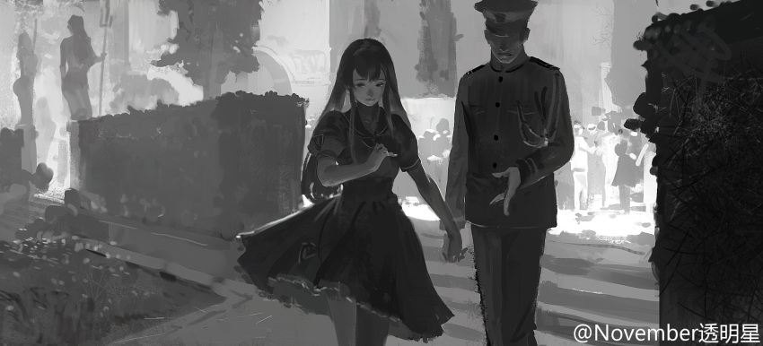 1boy, 1girl, admiral_(kantai_collection), aiguillette, chinese_commentary, couple, dress, faceless