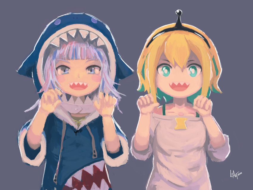 2girls, :d, amano_pikamee, bangs, bare_shoulders, black_hairband, blonde_hair, blue_eyes, blue_hoodie, blunt_bangs, blush, claw_pose, collarbone, crossover, dated, drawstring, english_commentary, gawr_gura, green_eyes, green_hair, grey_background, hair_between_eyes, hairband, highres, hololive, hololive_english, hood, hoodie, long_hair, looking_at_viewer, luant, multicolored_hair, multiple_girls, off-shoulder_shirt, off_shoulder, open_mouth, shark_hood, sharp_teeth, shirt, short_sleeves, sidelocks, signature, simple_background, sketch, sleeves_past_elbows, smile, streaked_hair, teeth, trait_connection, two-tone_hair, virtual_youtuber, voms, white_hair, white_shirt