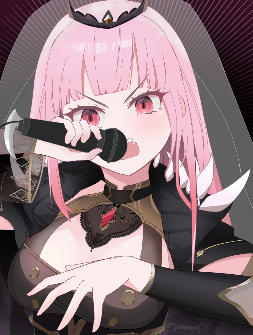 bangs, black_dress, breasts, capelet, cloak, coat, cold_jason, detached_sleeves