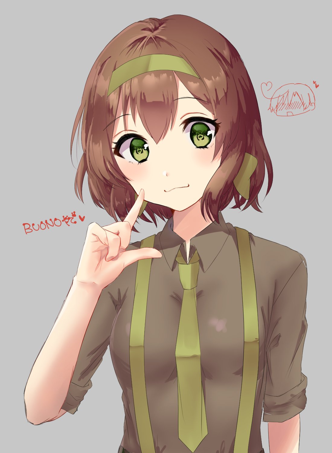 1girl, amaya_kiku, axis_powers_hetalia, belgium_(hetalia), brown_hair, green_headband, green_neckwear, grey_background