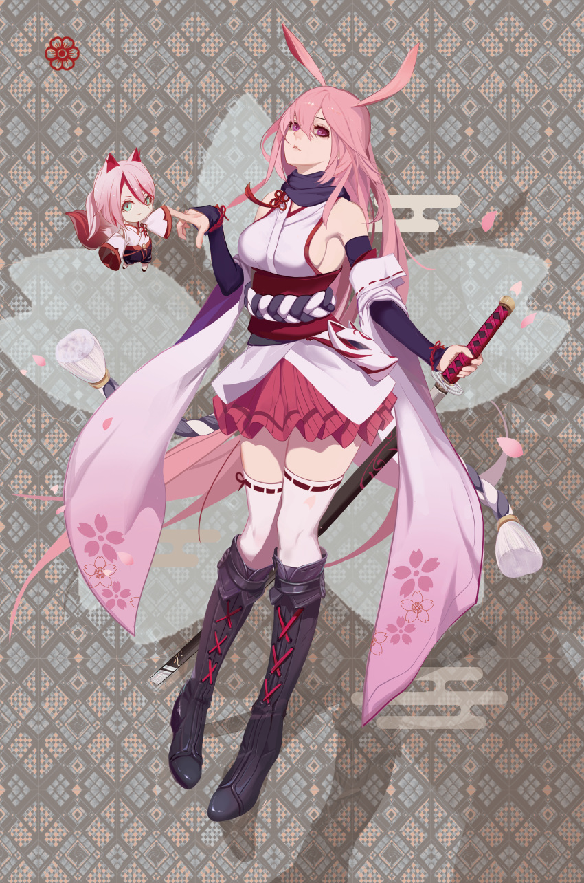 2girls, absurdres, animal_ears, bangs, black_footwear, black_shorts, blue_scarf, blue_sleeves