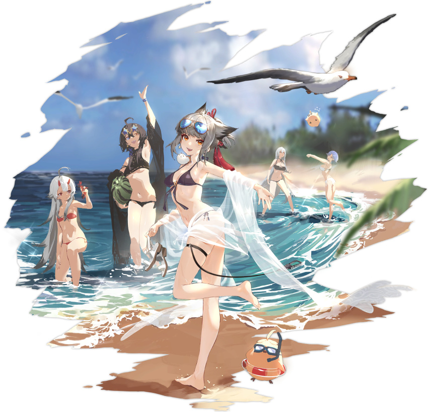 5girls, :d, ahoge, animal_ears, animal_on_shoulder, arm_up, armpits, azur_lane