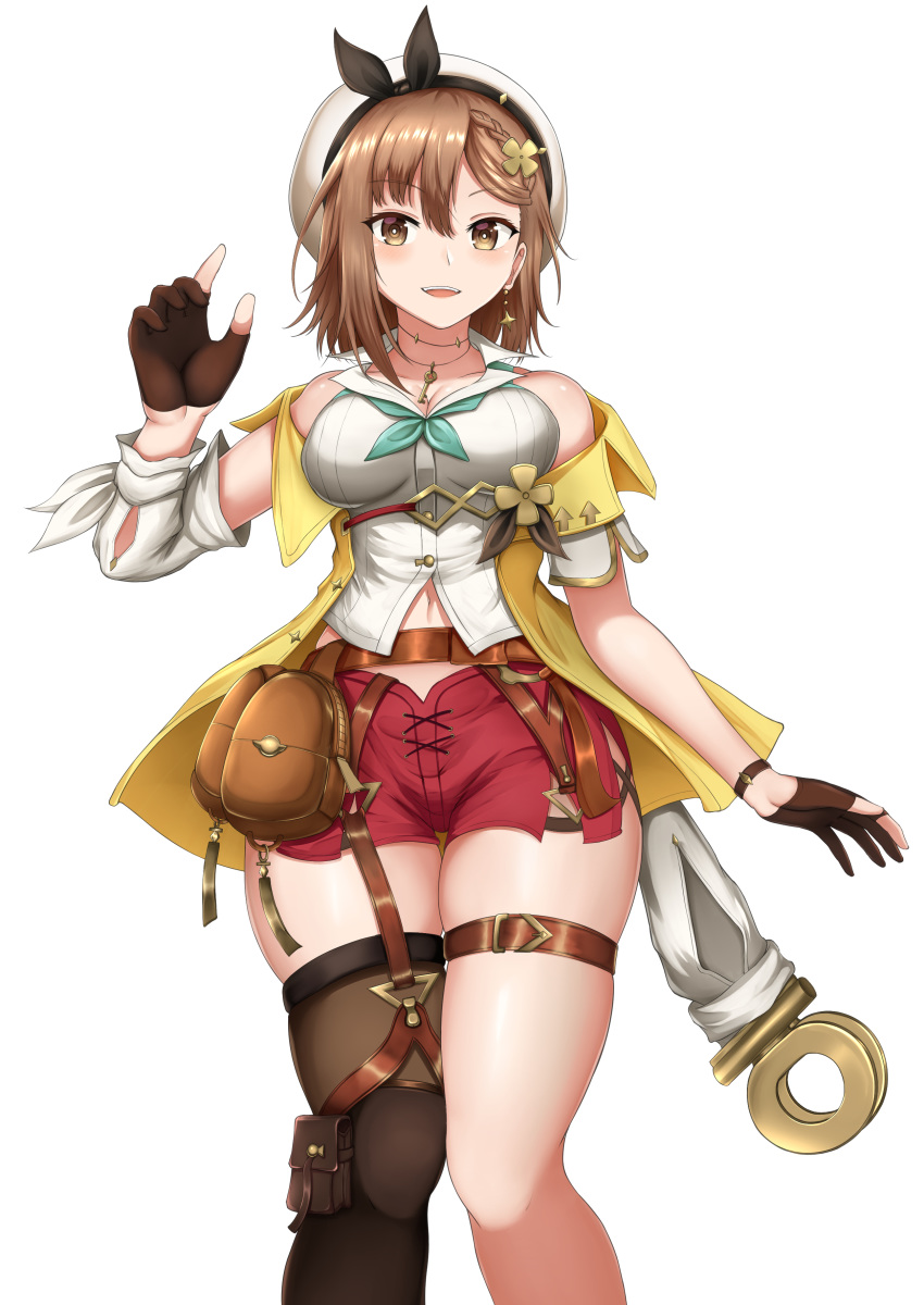 absurdres, atelier_(series), atelier_ryza, atelier_ryza_2, barettoarts, belt, brown_belt, brown_eyes, brown_hair, gloves, highres, jacket, key, key_necklace, leather, leather_belt, leather_gloves, partly_fingerless_gloves, pouch, red_shorts, reisalin_stout, short_hair, short_shorts, shorts, single_sidelock, single_thighhigh, skindentation, sleeveless, sleeveless_jacket, thick_thighs, thigh-highs, thigh_strap, thighs, white_headwear, yellow_jacket