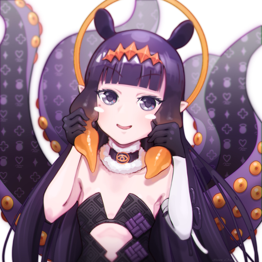 1girl, absurdres, animal_ears, bangs, black_gloves, blunt_bangs, detached_collar, detached_sleeves