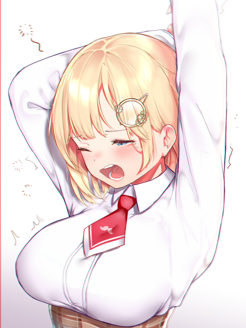 1girl, arms_up, bangs, blonde_hair, blue_eyes, blush, breasts, collared_shirt