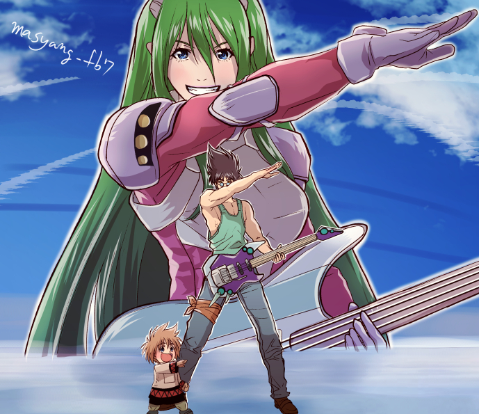 1girl, 2boys, blue_eyes, brown_hair, emilia_jenius, giantess, glasses, green_hair, guitar, holding, holding_instrument, instrument, long_hair, macross, macross_7, multiple_boys, nekki_basara, open_mouth, pedro_(macross_7), pilot_suit, pointing, round_eyewear, ryu_(masu_nantoka-san)