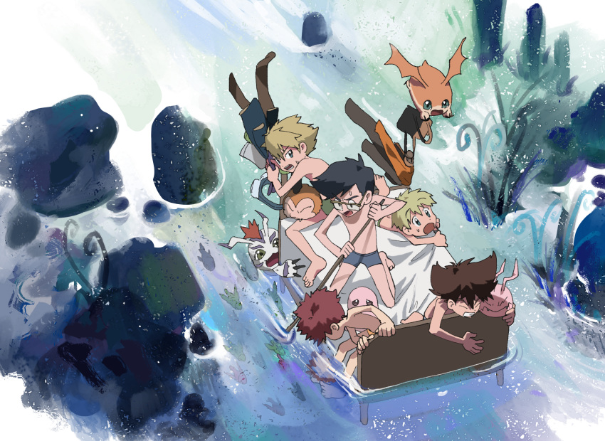 5boys, absurdres, bed, clothes_removed, digimon, digimon_adventure, fish, gomamon