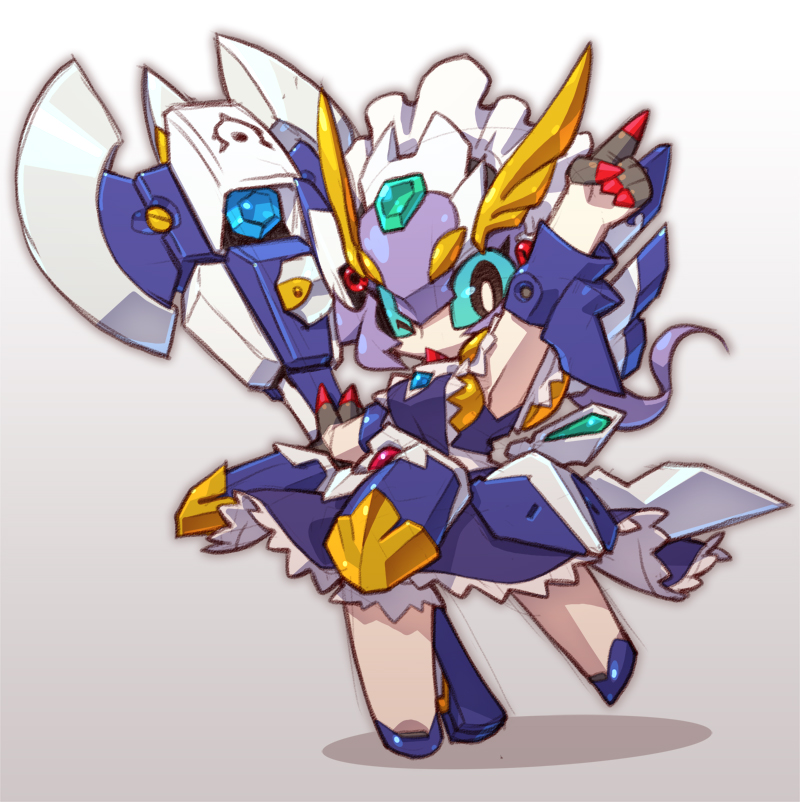 1girl, advance_of_zeta, axe, chibi, gradient, gradient_background, green_eyes, gundam