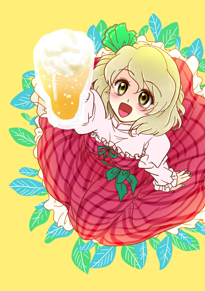 1girl, alcohol, beer, beerko, blonde_hair, blush, bow, cup