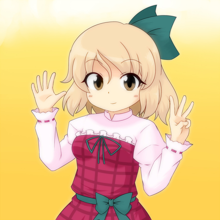 1girl, artist_request, beerko, blonde_hair, bow, dress, eyebrows_visible_through_hair, frilled_dress, frills, green_ribbon, hair_ribbon, happy, highres, long_sleeves, middle_w, open_hand, original, plaid, ribbon, short_hair, simple_background, smile, upper_body, yellow_background, yellow_eyes