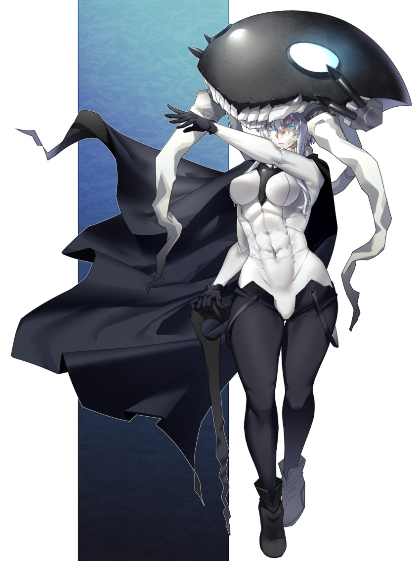 1girl, abs, ankle_boots, black_cape, black_footwear, black_gloves, black_legwear, blue_eyes