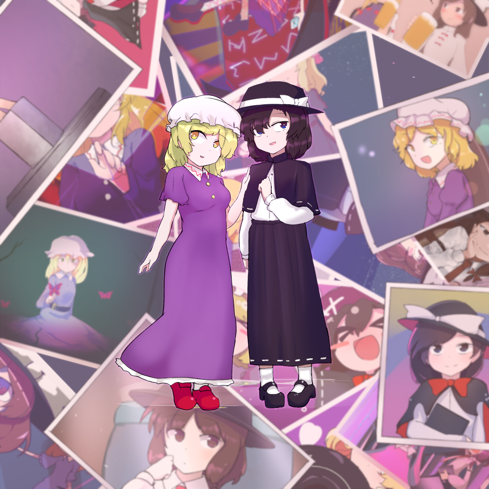 >_<, alcohol, beer, cameo, capelet, different_outfit, fedora, hat, kirisame_(kextukai), long_skirt, maribel_hearn, mary_janes, mob_cap, multiple_girls, photo, photo_(object), shoes, skirt, tombstone, touhou, usami_renko, usami_sumireko