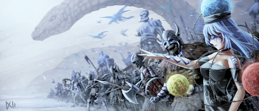 1girl, absurdres, armor, axe, breasts, dragon, giant, hecatia_lapislazuli