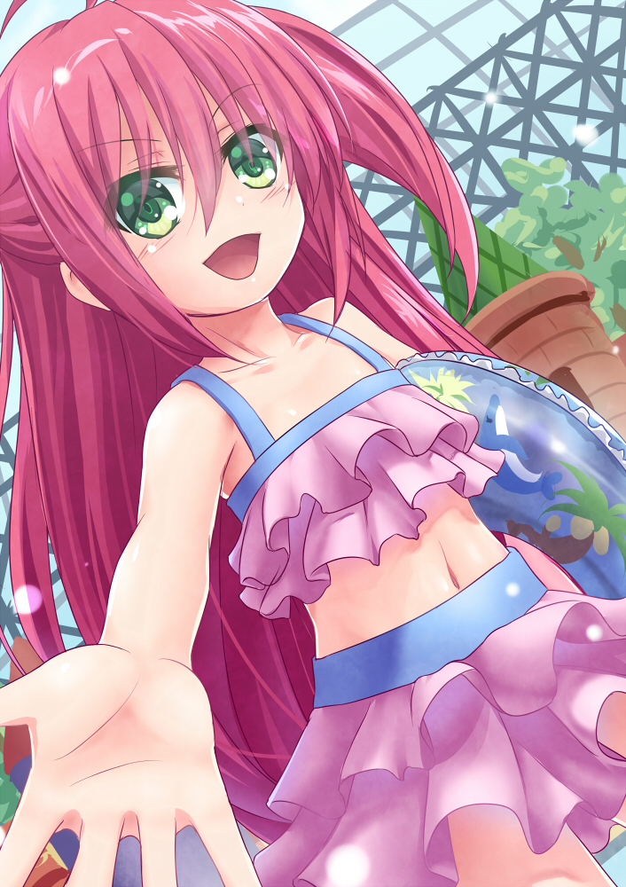 1girl, ahoge, bangs, bare_shoulders, bikini, bikini_skirt, blue_sky, blush
