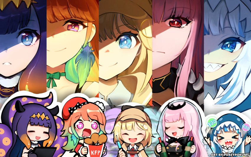 >_<, +_+, 5girls, :d, artist_name, blonde_hair, blue_eyes, blush