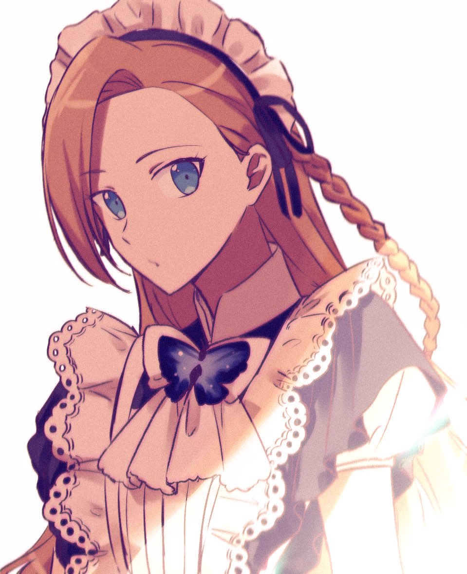 1girl, alternate_costume, alternate_hairstyle, apron, asymmetrical_bangs, bad_id, bad_twitter_id, bangs, black_dress, blue_eyes, bow, braid, brown_hair, bug, butterfly, commentary, dress, enmaided, film_grain, high_collar, hluoa, insect, katarina_claes, long_hair, looking_at_viewer, maid, maid_apron, maid_headdress, otome_game_no_hametsu_flag_shika_nai_akuyaku_reijou_ni_tensei_shite_shimatta, parted_lips, short_sleeves, side_braid, simple_background, solo, sunlight, upper_body, white_apron, white_background, white_bow, white_neckwear