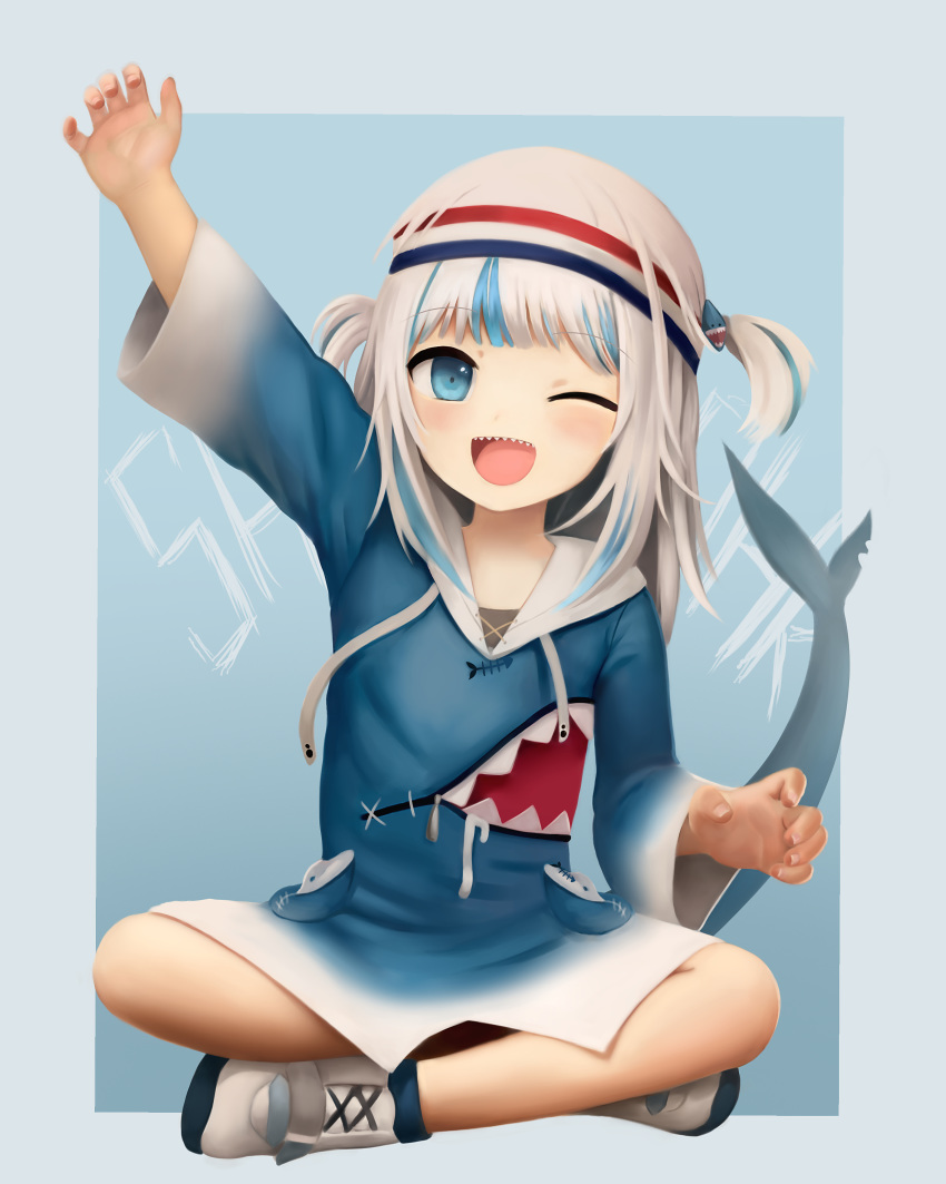 1girl, ;d, absurdres, arm_up, blue_background, blue_eyes, commentary, crumbles