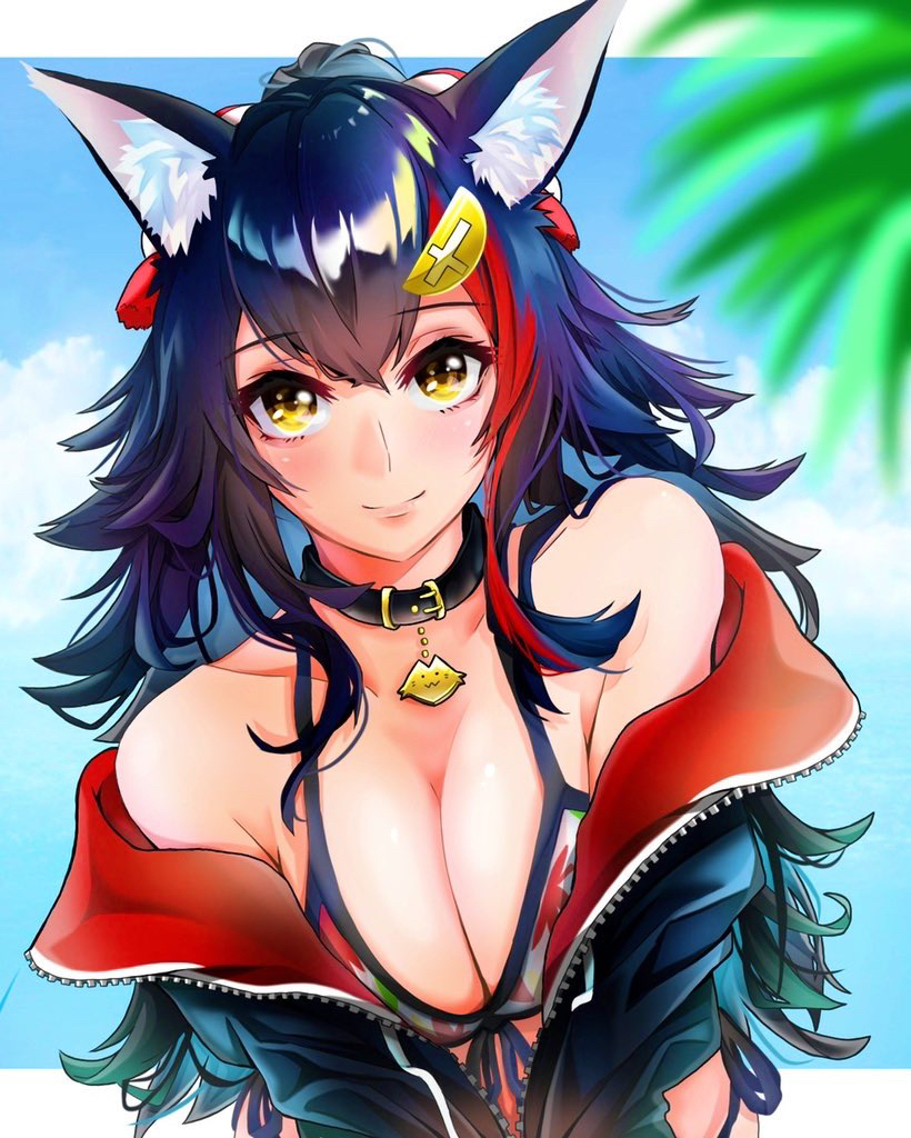 1girl, bikini, bikini_top, black_hair, black_jacket, blurry, blush, breasts, closed_mouth, clouds, collar, collarbone, commentary_request, day, depth_of_field, eyebrows_visible_through_hair, front-tie_top, hair_between_eyes, hair_ornament, hololive, jacket, large_breasts, long_hair, looking_at_viewer, multicolored_hair, off_shoulder, ookami_mio, open_clothes, open_jacket, plant, redhead, rio_(illustrator-rio), sky, smile, solo, streaked_hair, swimsuit, two-tone_hair, upper_body, virtual_youtuber, yellow_eyes