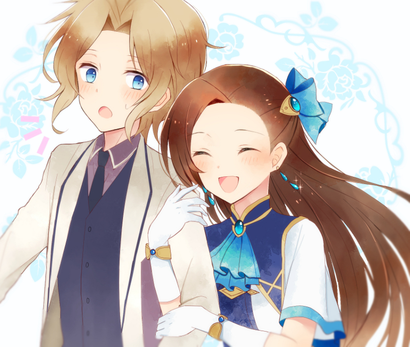 1boy, 1girl, :d, arm_hug, ascot, asymmetrical_bangs, bangs, black_neckwear