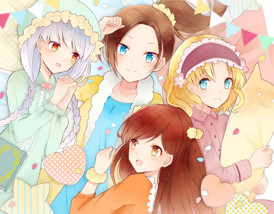 4girls, alternate_hair_length, alternate_hairstyle, asymmetrical_bangs, bangs, blonde_hair, blue_eyes, blue_shirt